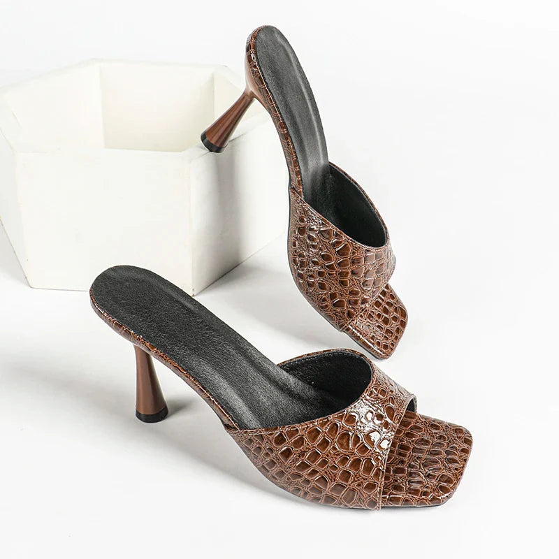 Crocodile Texture High Heel Sandals Women Fashion Square Toe Stilettos Heels Sandals Woman Plus Size Slip On Banquet Party Shoes