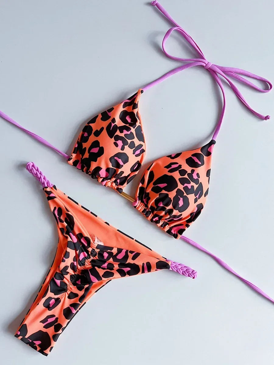 Leopard Halter Scrunch Butt Micro Thong Bikini Women Swimwear Female Swimsuit Two-pieces Bikini Set Bather Bathing Suit Swim