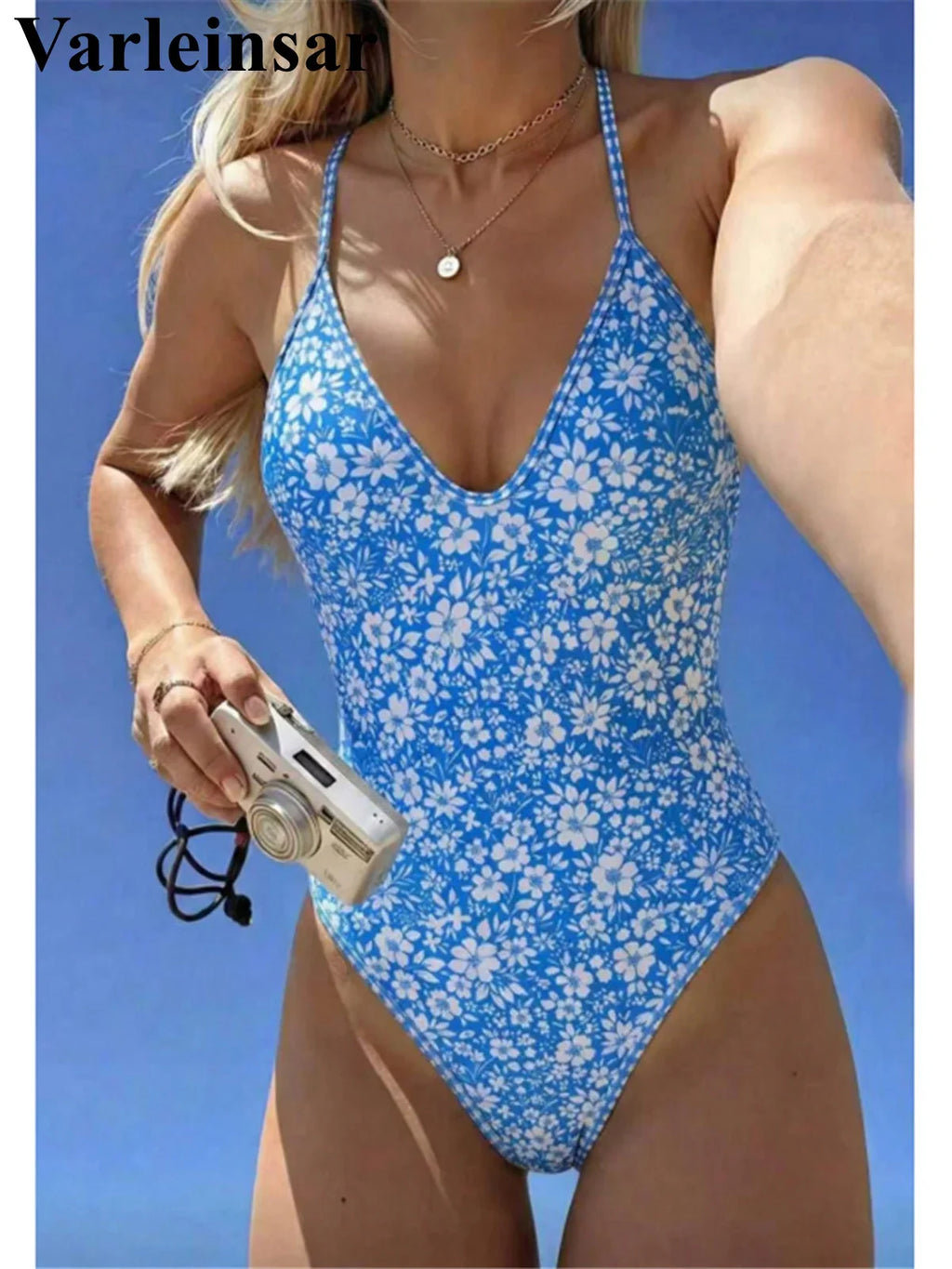 S - XL Flower Floral V Neck One Piece Swimsuit Women Swimwear Female Monikini High Cut Leg Padded Bather Bathing Suit Swim V8079