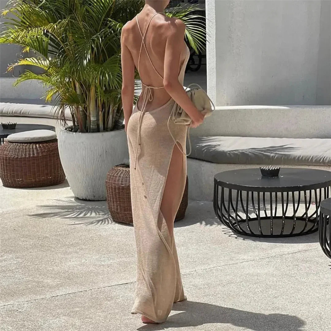 Sexy High Slit Crochet Knitted Tunic Beach Cover Up Long Dress Cover-ups Beach Dress Beach Wear Sarong Beachwear Female Women