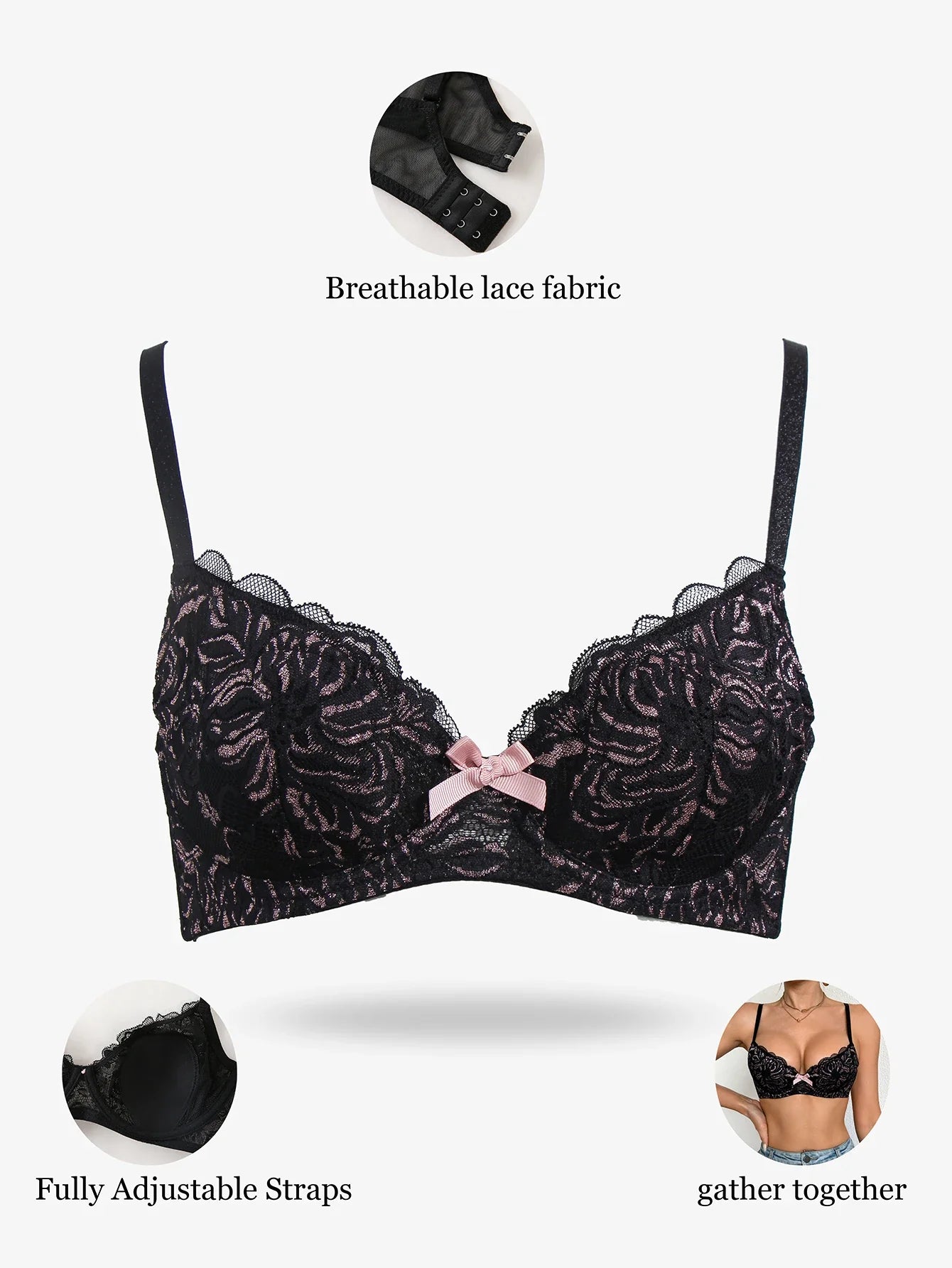 Floral Lace Push Up Women Bra Sexy Deep V Breathable Mesh Everyday Lingerie Thin Cup Adjustable Straps Underwire Bra