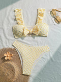 sexy yellow patchwork wrinkled bow ruffles bikinis sets two pieces women thong swimsuit female bathing suit swimwear biquini