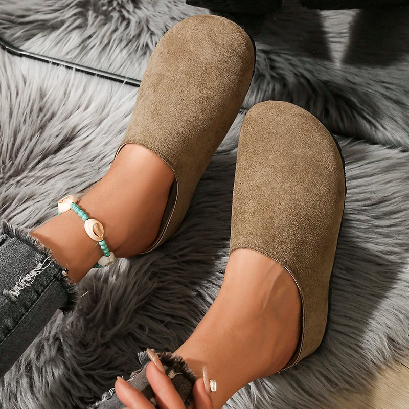 Spring Round Toe Cork Clogs Slippers for Women Outdoor Cork Footbed Flat Heels Mules Shoes Woman Plus Size Suede Slides Female