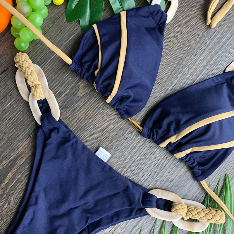 Splicing Halter Knitted Bikini Women Swimwear Female Swimsuit Two-pieces Bikini Set Brazilian Bather Bathing Suit Swim Beachwear