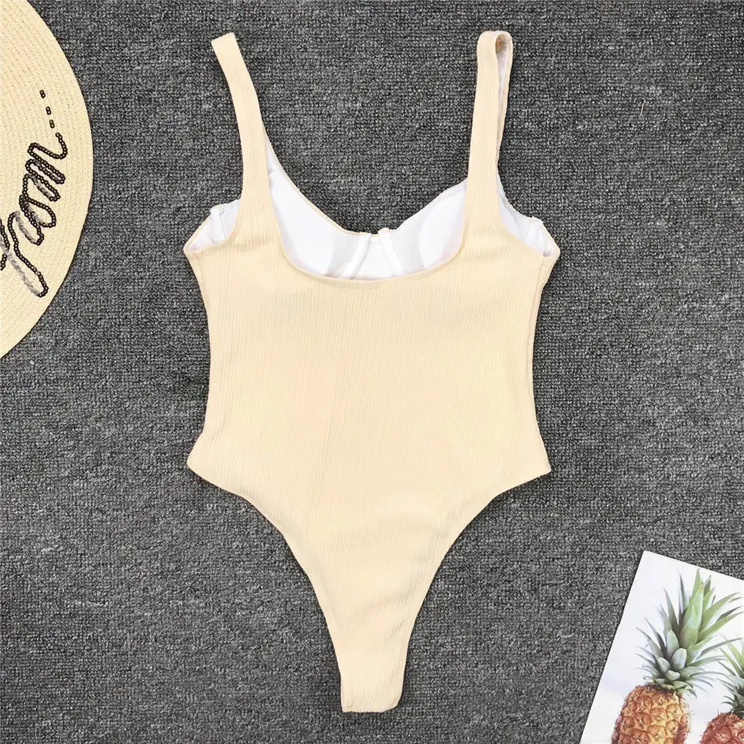S - XL New Sexy High Cut Women Swimwear Ribbed Underwired One Piece Swimsuit Female Bather Bathing Suit Swim Lady Bodysuit V1607