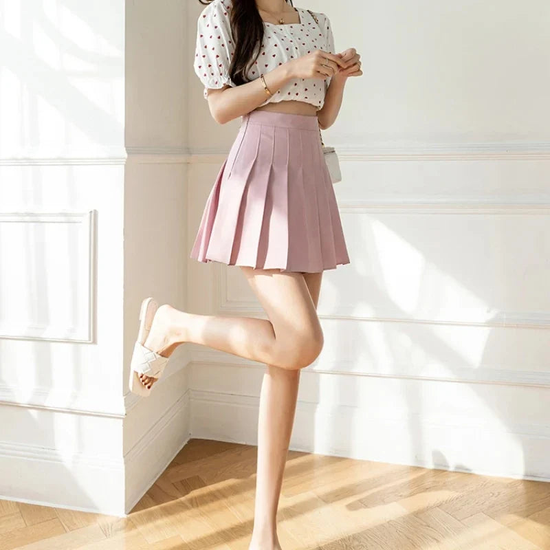 Women High Waist Pleated Skirt with Safety Shorts, Black A Line Mini Skort for Casual Office School Style Outfits