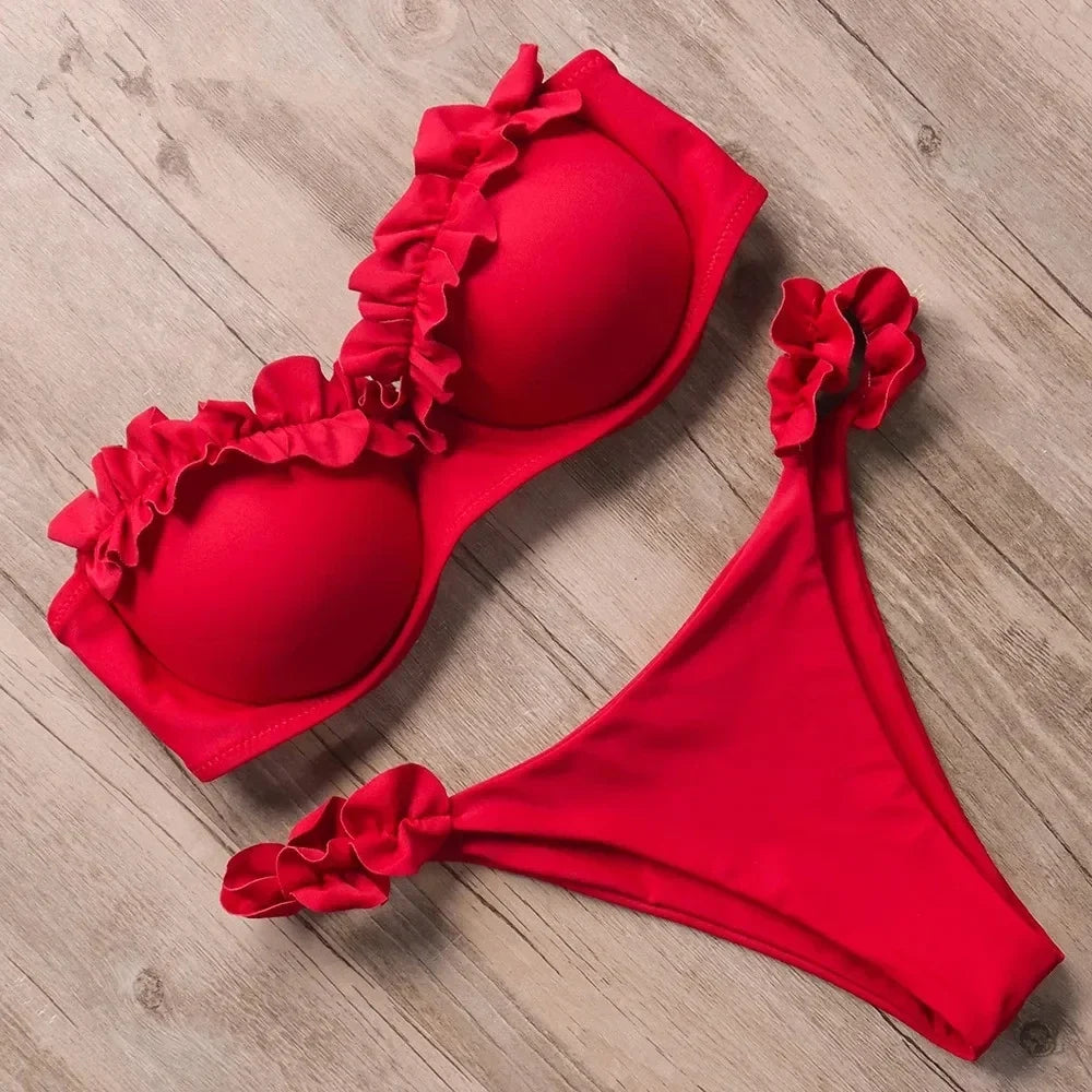 Sexy Ruffled Frilled Bra Cup Bikini 2026 Women Bandeau Swimsuit Female Swimwear Two Pieces Bikini Set Push Up Bathing Suit Swim
