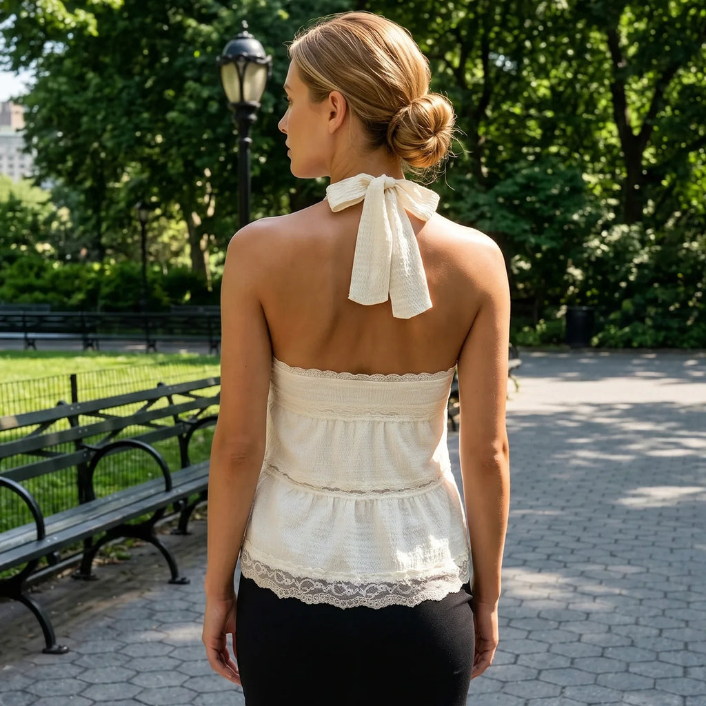Women Solid Color Halter Top Sleeveless Tops Backless Lace Patchwork Summer Vest for Club Party