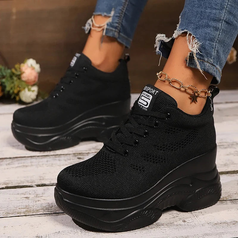 Breathable Mesh Wedges Sneakers for Women Comfortable Lace Up Chunky Platform Sport Shoes Woman Knitted Non Slip Walking Shoes