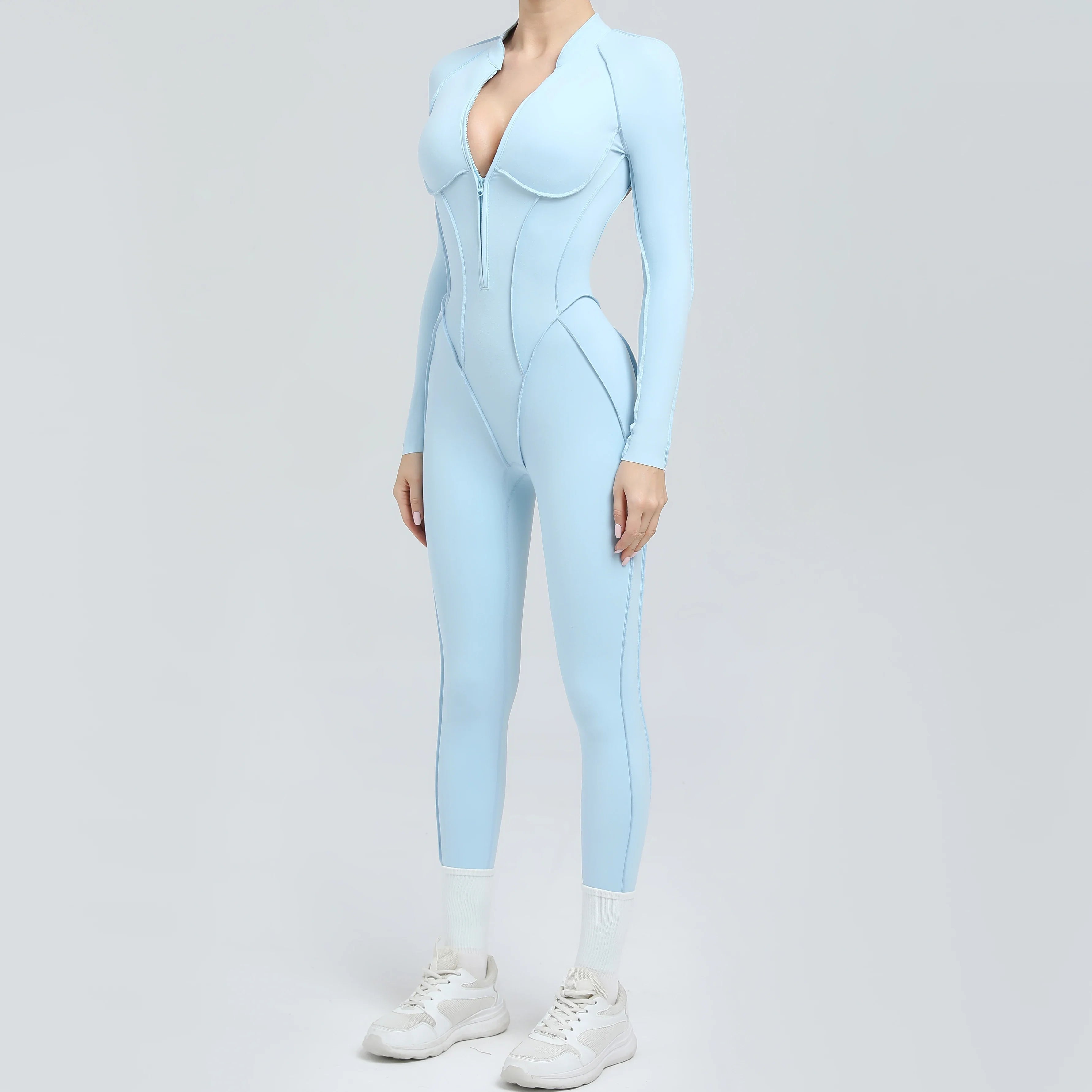 Padded Women Long Sleeve Sport Yoga Jumpsuit Workout Clothes for Women Sportwear Backless Zipper Fitness Gym Outfit