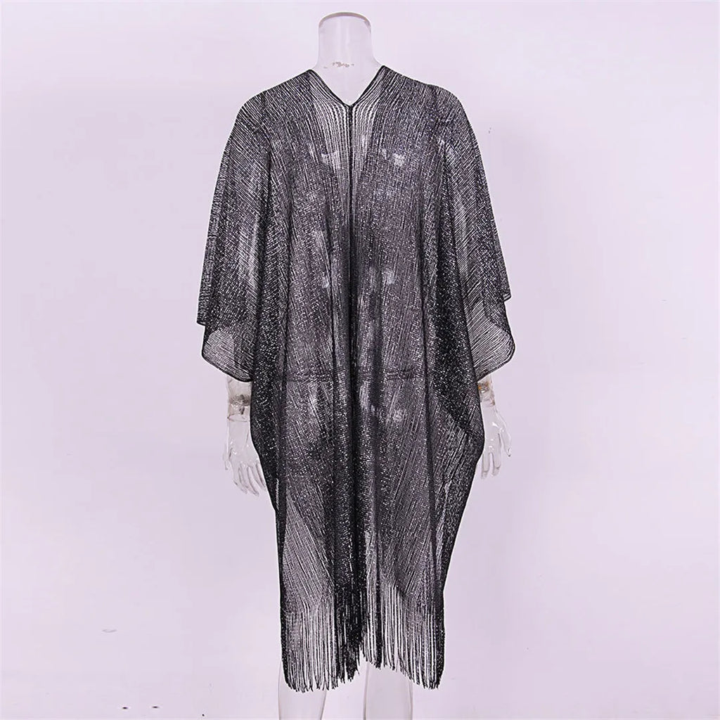 Sexy Fringe Tassel Mesh Sheer Shiny Knitted Tunic Beach Cover Up Cover-ups Beach Dress Beach Wear Beachwear Female Women V3321