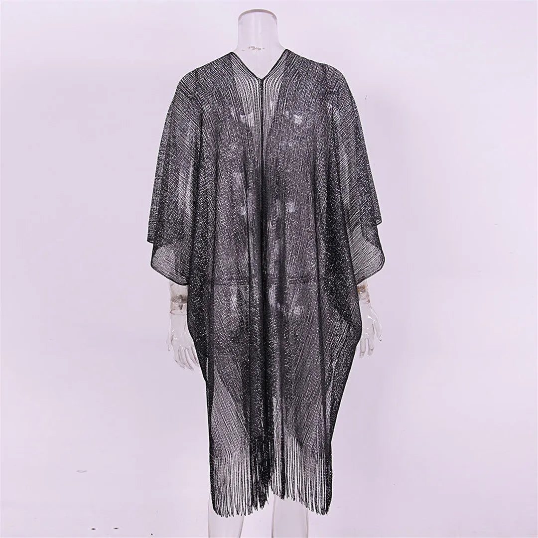Sexy Fringe Tassel Mesh Sheer Shiny Knitted Tunic Beach Cover Up Cover-ups Beach Dress Beach Wear Beachwear Female Women V3321