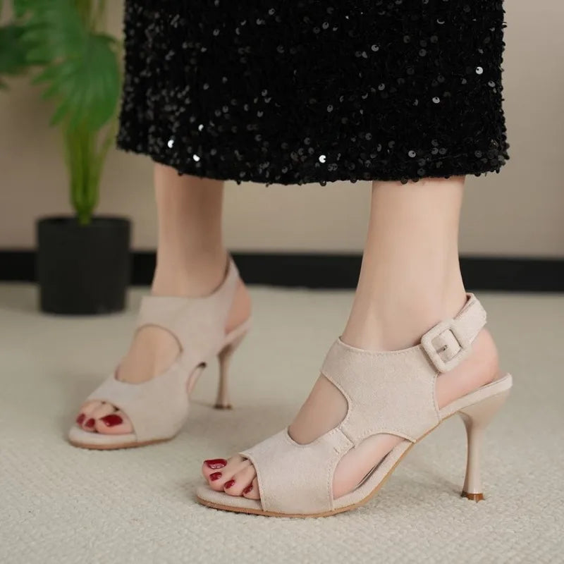 2026 Summer Fashion Buckle Pointed Toe Women's High Heel Sandals Anti-Slip Elegant Dress Fish Mouth Shoes Large Size Femininas