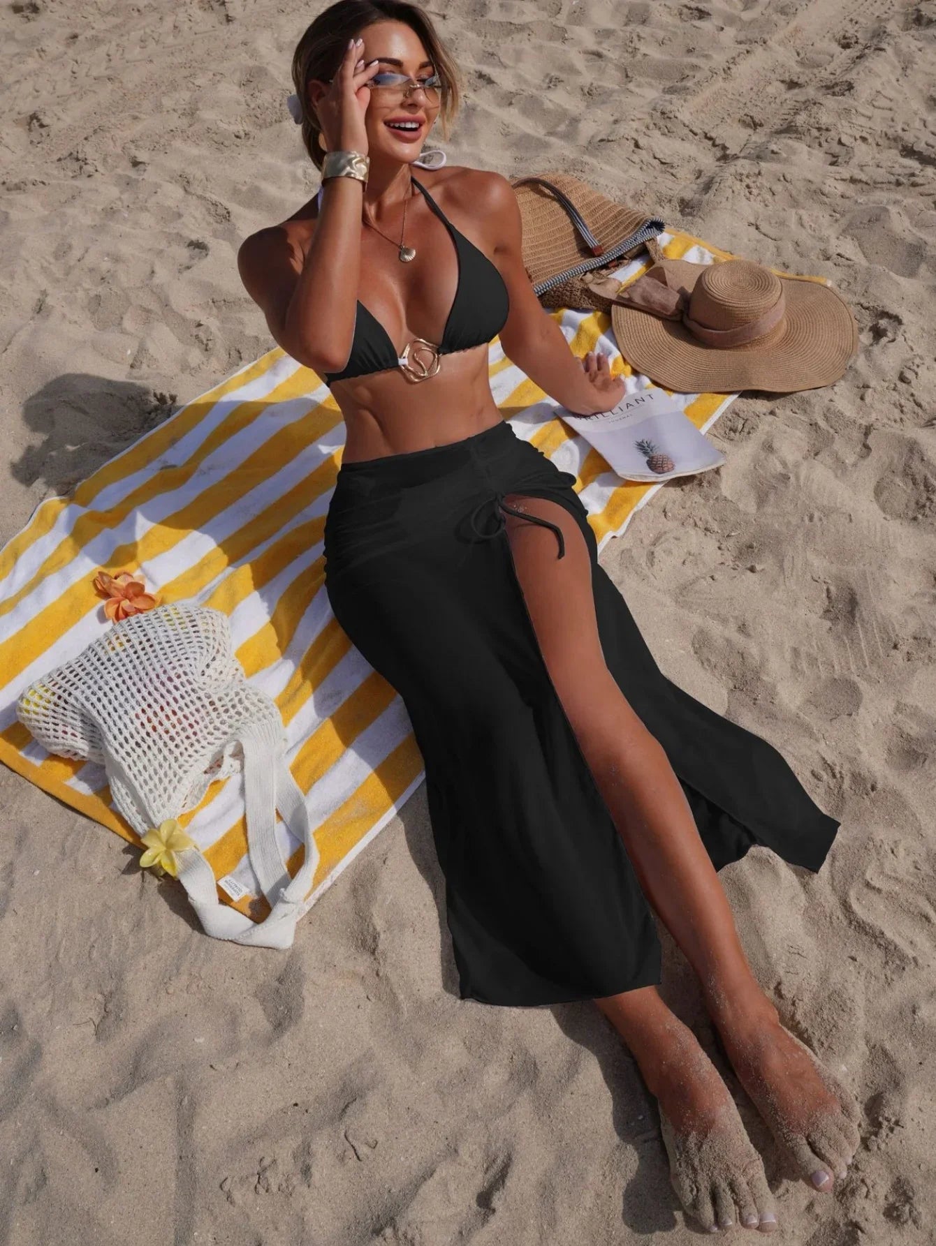 Sexy Black Mesh Long Skirt 3 Piece Bikini Set Women White Metal Ring Linked Push Up Bra Swimsuit Holiday Bathing Suits Swimwear