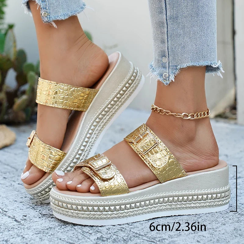 Fashion Buckle Wedge Platform Sandals Women Summer Plus Size 43 Chunky Heel Sandals Woman Heighten Thick Sole Gold Sandles Mujer