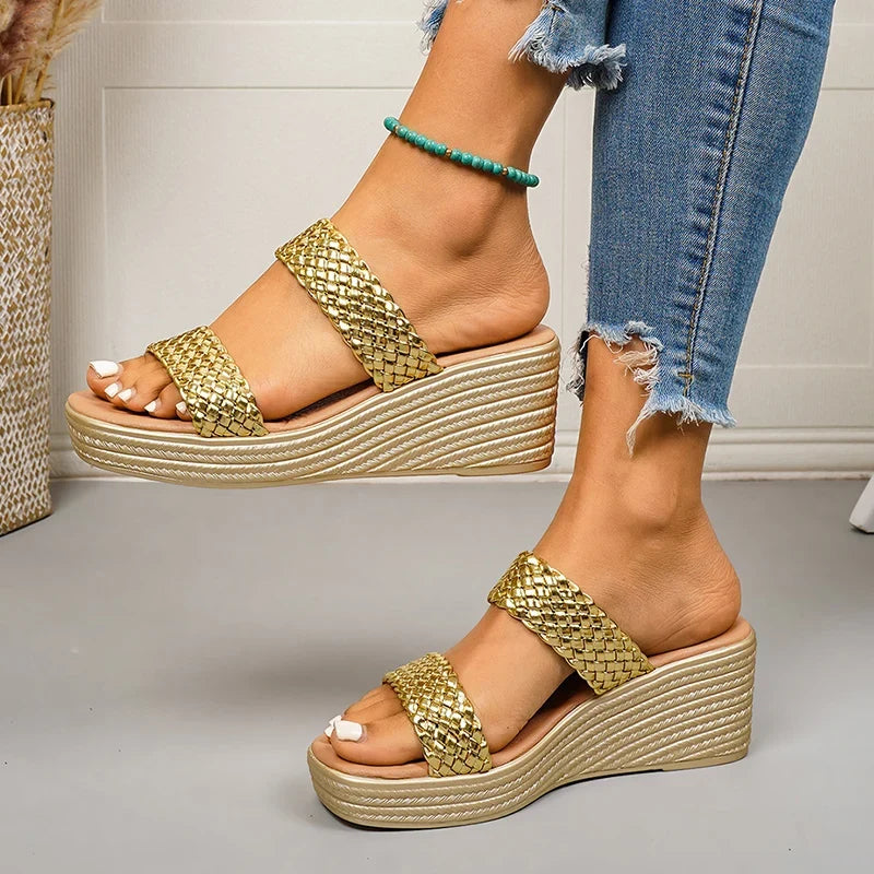 Lightweight Gold Wedge Heel Sandals Women Summer Woven Platform Gladiator Sandals Woman Plus Size 43 Thick Sole Sandalias Mujer