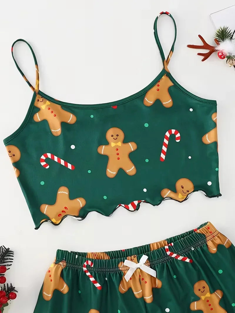 Soft Festival Christmas Cute Gingerbread Print Pajama Set Women's Sleepwear 2 Pieces Crop Tops and Shorts Loungewear