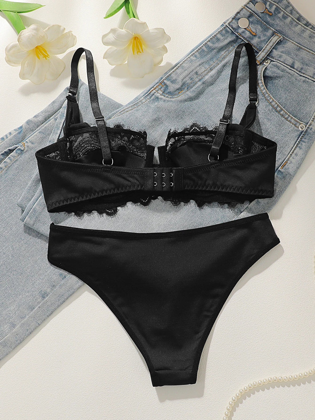 Women's Sexy Lace Splice Floral Pattern Bra Set with Steel Ring Gathered Support Easy Wash Quick Dry Underwear Set YS2991