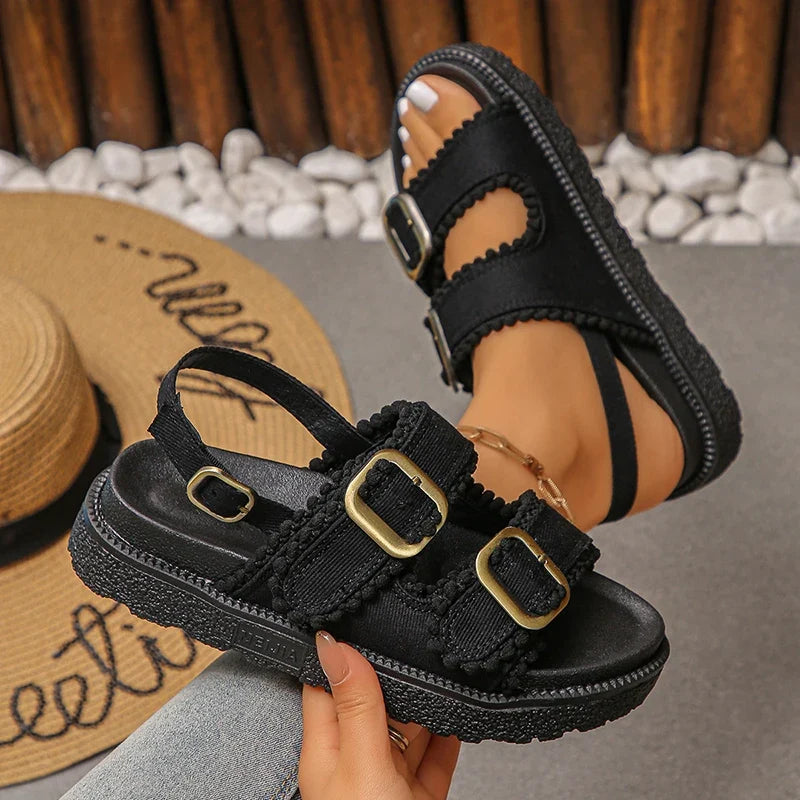 2026 Summer Denim Platform Sandals Women Fashion Buckle Thick Bottom Rome Sandles Woman Plus Size Non Slip Soft Sole Sandalias