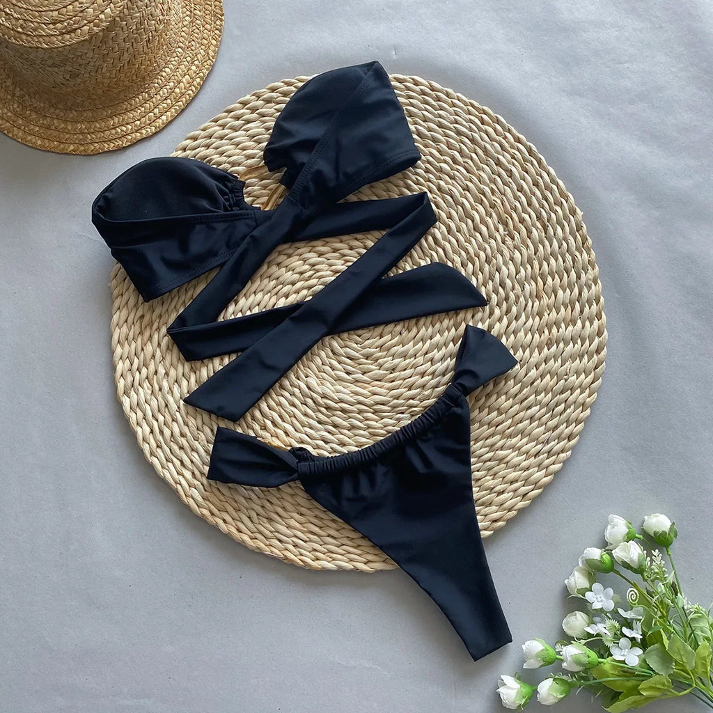 DEKA Women Brazilian Bandeau Metal Bikini Swimsuit Female Thong Swimwear High Cut Bikini Set Swimming Suit Beachwear Biquini