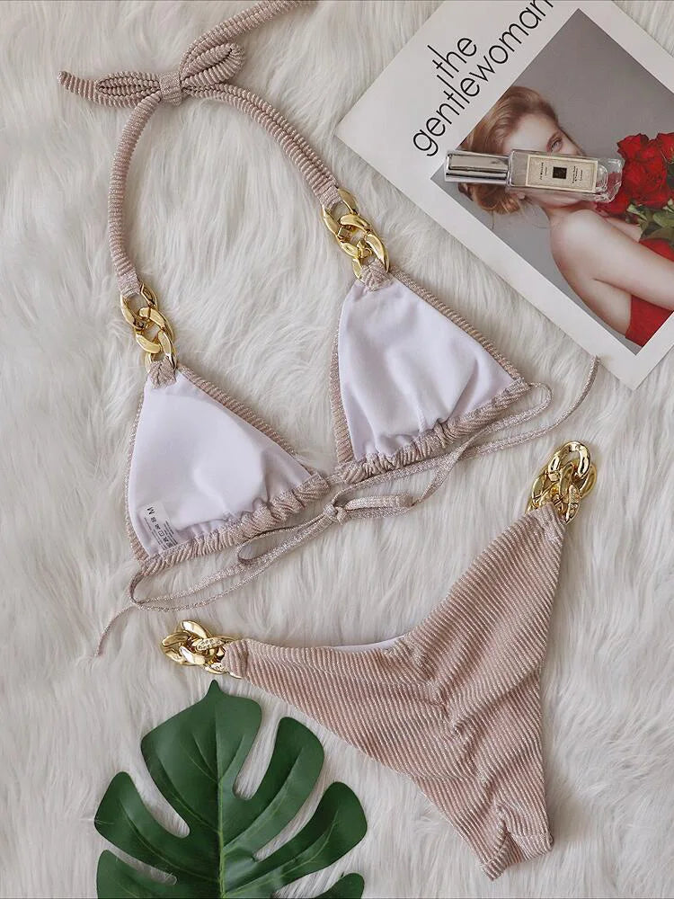 Halter Chains Rhinestone Diamond Bikini Women Swimsuit Female Ribbed Swimwear Two Pieces Bikini set Brazilian Bathing Suit Swim