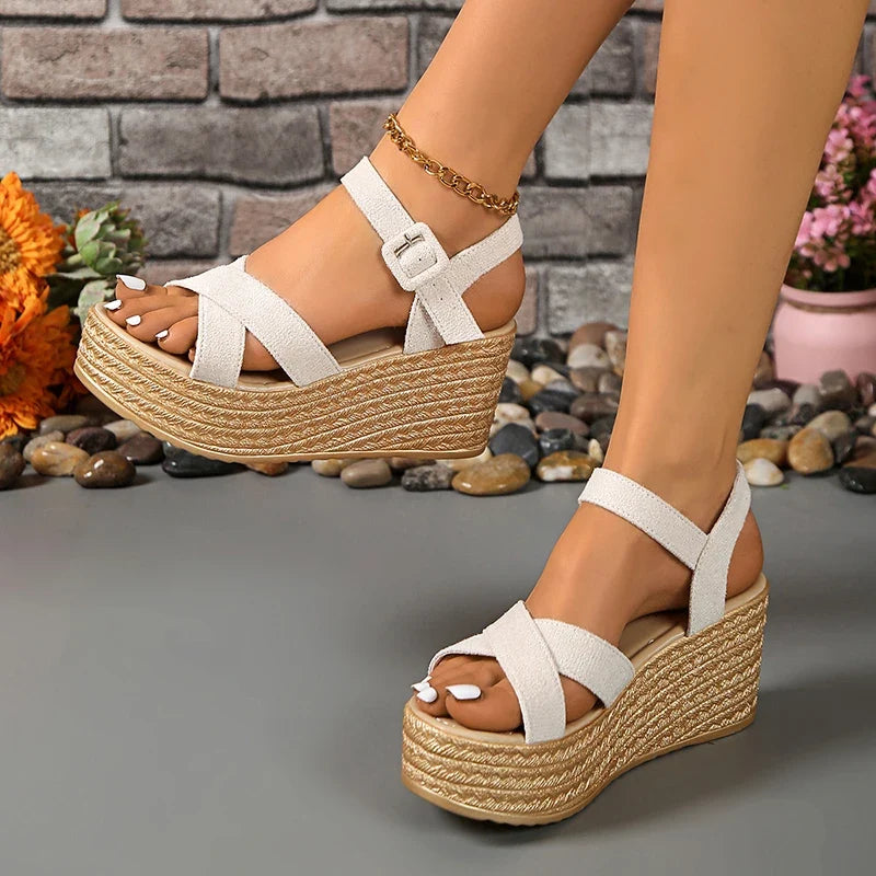 Cross Band Chunky Platform Sandals Women 2025 Plus Size High Heeled Sandals Woman Ankle Buckle Summer Wedges Sandalias Mujer 42