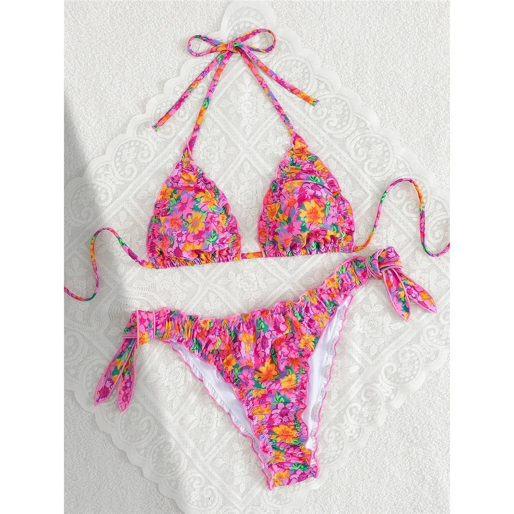 S - XL Floral Flower Printed Halter Bikini Women Swimwear Female Swimsuit Bather Bathing Suit Swim Two-pieces Bikini set K8104