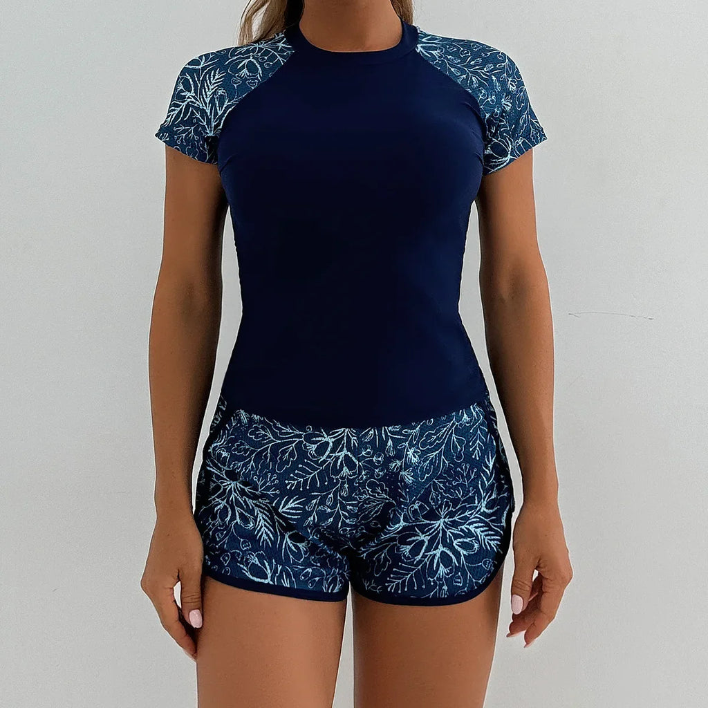 Sports Swimsuit for Women 2026 New 2 Piece Swimsuit High Waist Tankini Short Sleeve Round Neck Patchwork Bikini Set Swimwear