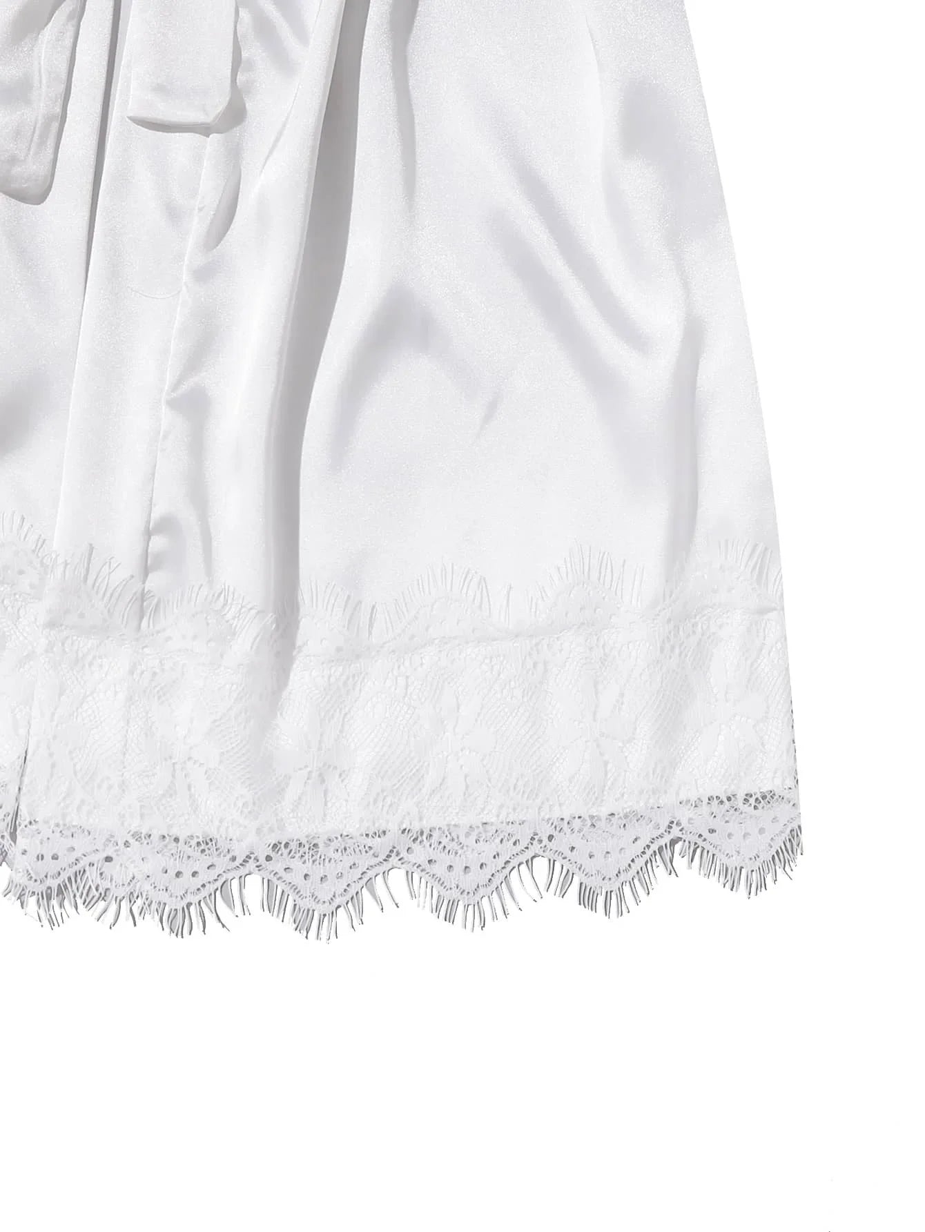 4PCS Women's Long Pajamas Set White Lace Satin Silk Night Lingerie Tops And Shorts Casual Sleepwear Loose Wedding Home Gown