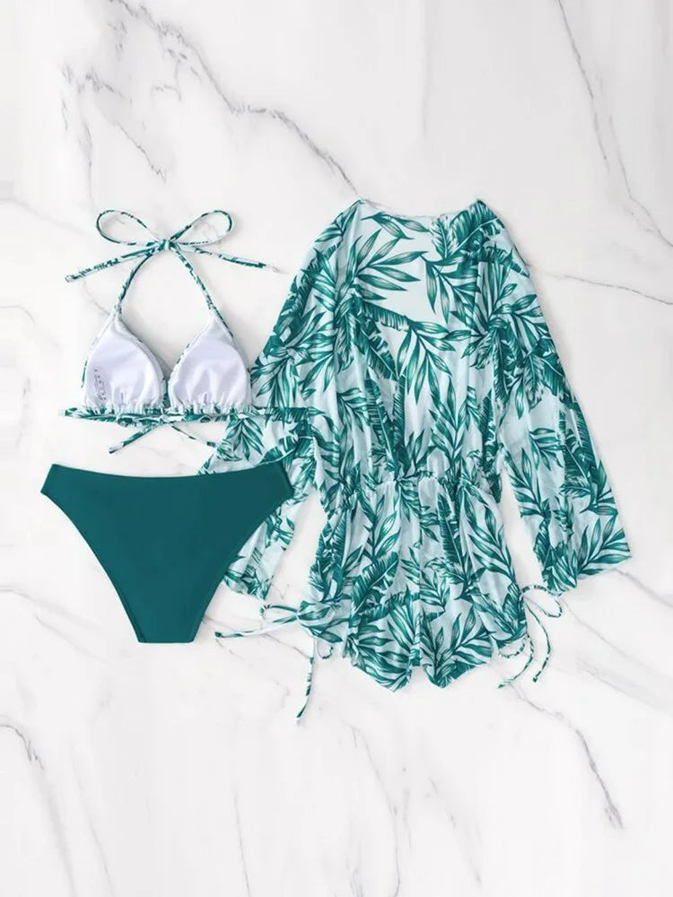 New Summer Women Geometric Print 3 Pieces Swimsuit Drawstring Mesh Bodysuit+Micro Bikini Swimwear Push Up Bathing Suit Beachwear