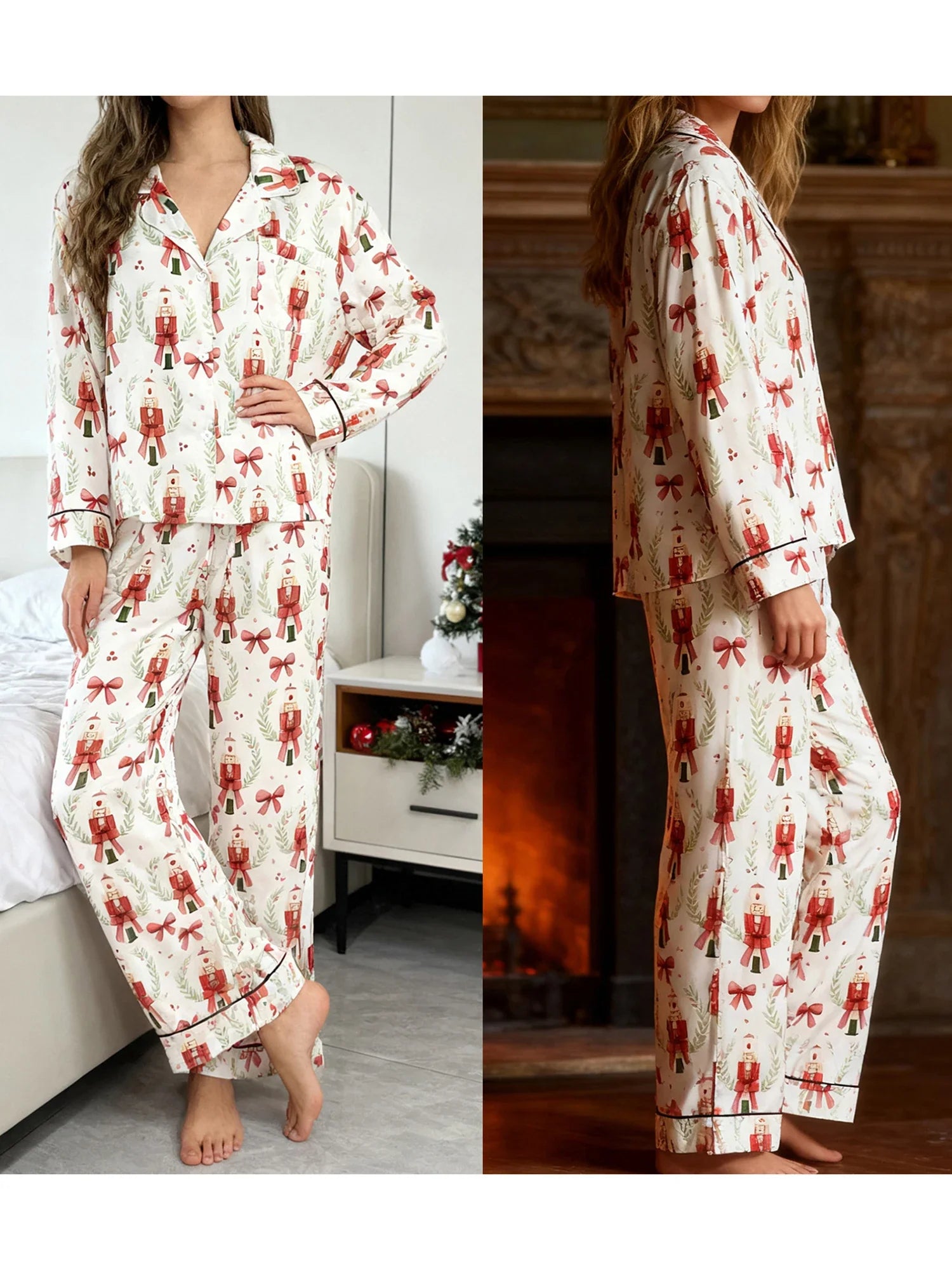 Women’s 2025 Christmas Pajamas Set Long Sleeve Oversized Button Down Shirt and Long Pants Two Pieces Loungewear