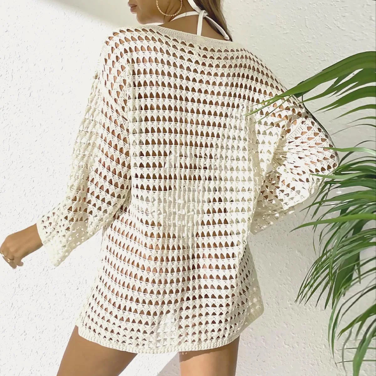 Womens Beach Cover Up Knit Solid Color Long Sleeve Dress Sexy Slim-Fit Beachwear Cover Up Beach Holiday Sun Protection Clothing