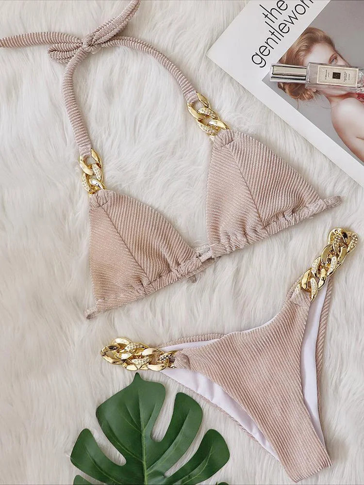 Halter Ribbed Metal Chains Diamond Bikini Women Swimsuit Female Swimwear Two-pieces Bikini Set Bather Bathing Suit Swim Lady