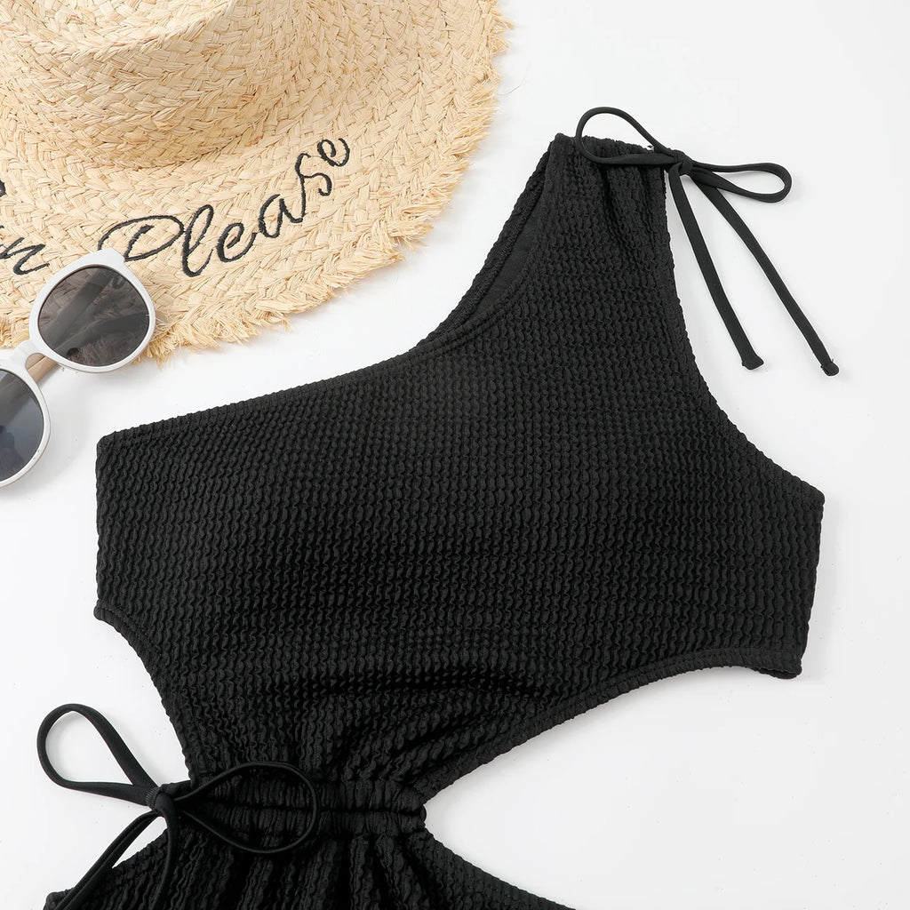 One Shoulder Women's Swimsuit One Piece Cut Out Sexy Swimwear Women 2022 Textured Monokini Solid Bathing Suit Beach Wear Purple