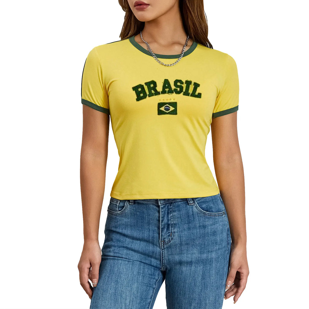Summer Women's Casual T-shirt Short Sleeve Round Neck Slim Fit Cropped Tee Tops Shirts Streetwear
