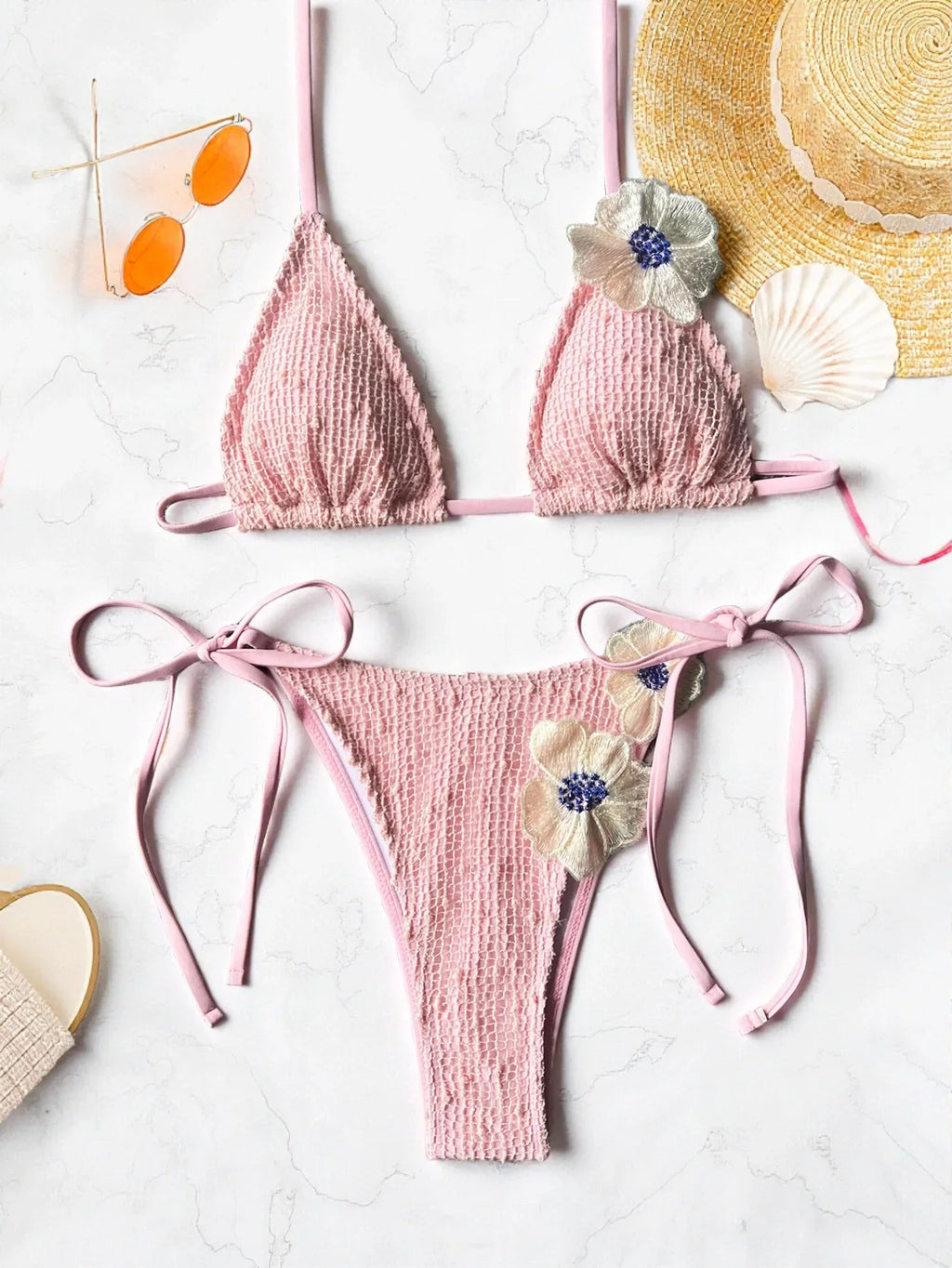 New Summer Women's Micro Bikini Set Crochet 3d Flower Decor Swimsuit Sexy Backless Low Waist Swimwear Push Up Thong Bathing Suit