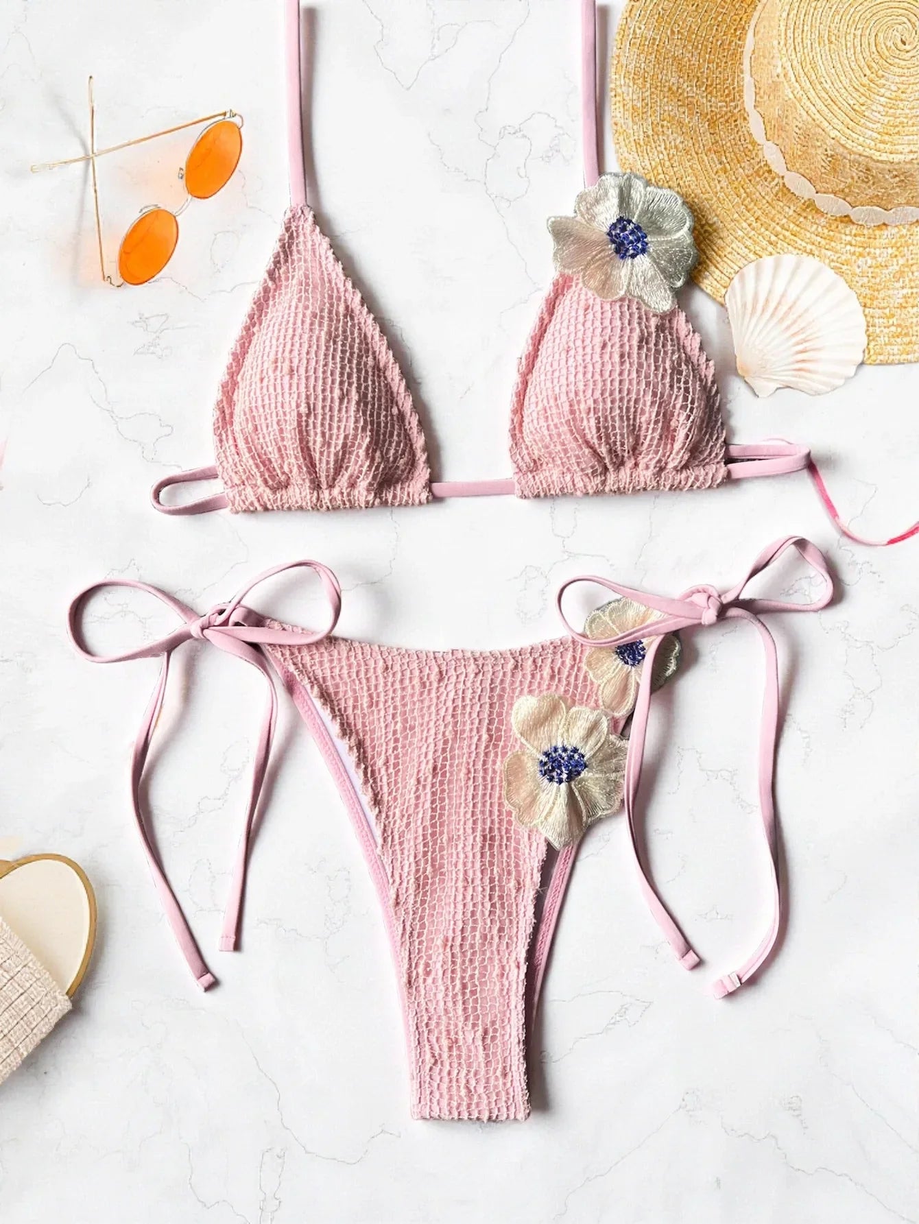 New Summer Women's Micro Bikini Set Crochet 3d Flower Decor Swimsuit Sexy Backless Low Waist Swimwear Push Up Thong Bathing Suit