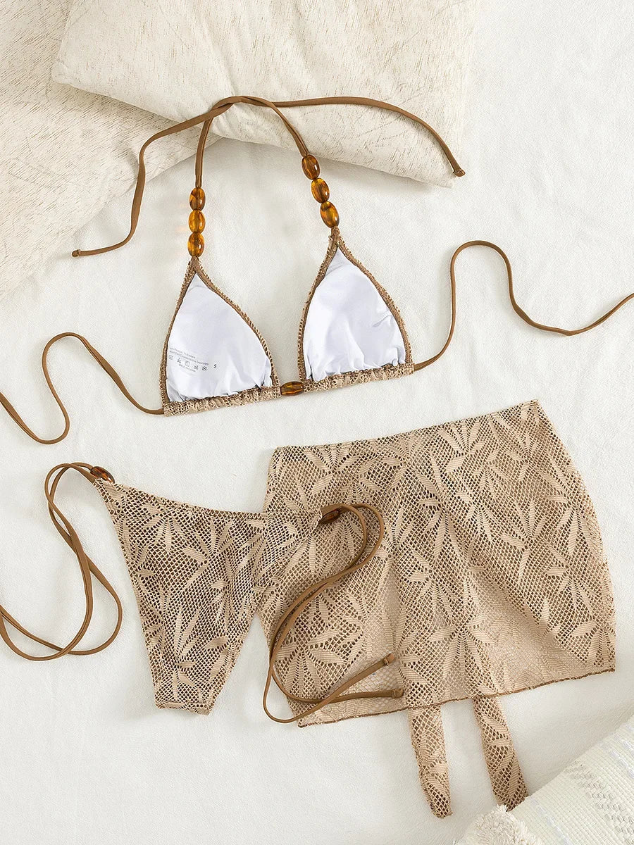 with Fishnet Sarong Skirt Halter Beads Bikini Women Swimwear Female Swimsuit Three-pieces Bikini Set Bathing Suit Swim Beachwear