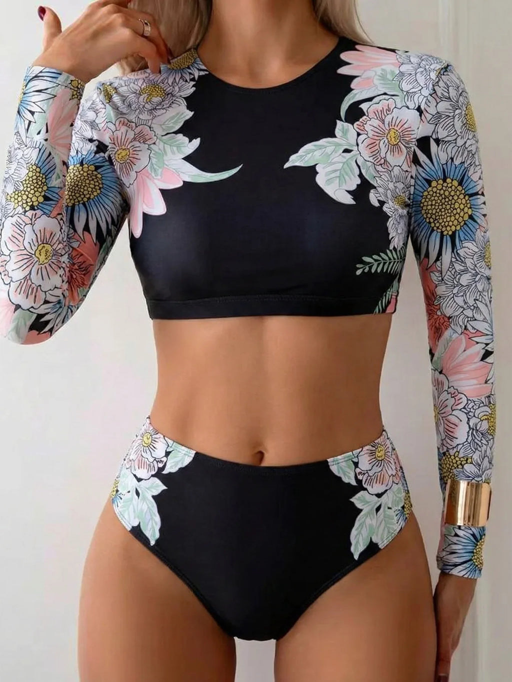 Vintage Black Floral Print Bikini Set 2026 Women Long Sleeve O Neck Top High Waist Swimsuit Beach Holiday Bathing Suit Swimwear