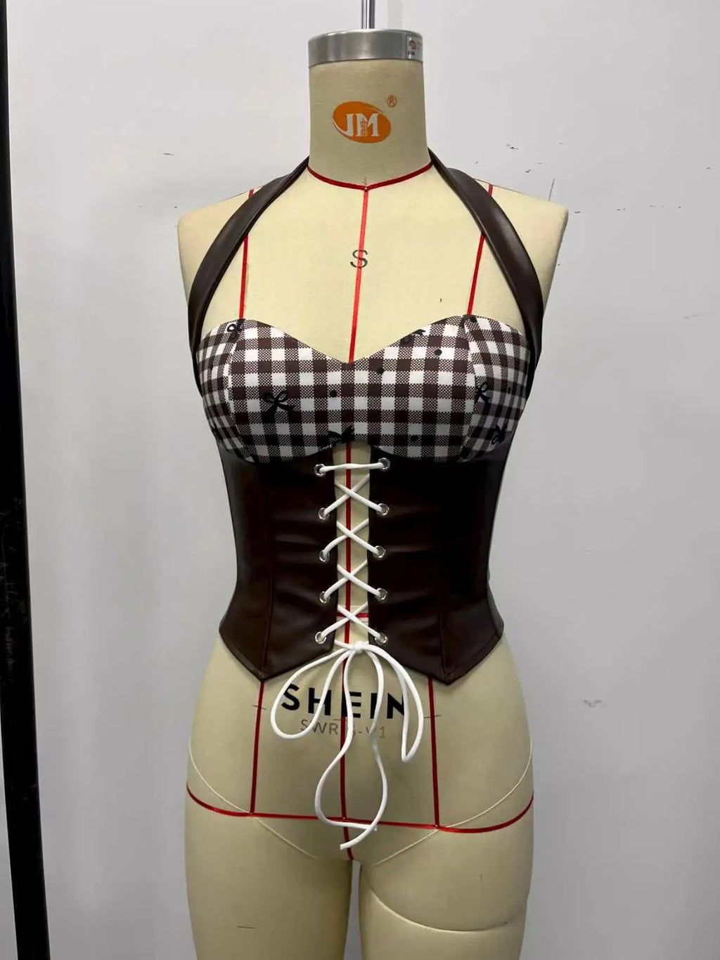 Summer Red White Plaid Corset Women Hanging Neck Bandage Cross Slim Fishbone Tank Top Retro Sleeveless Y2K Club Party Camisole