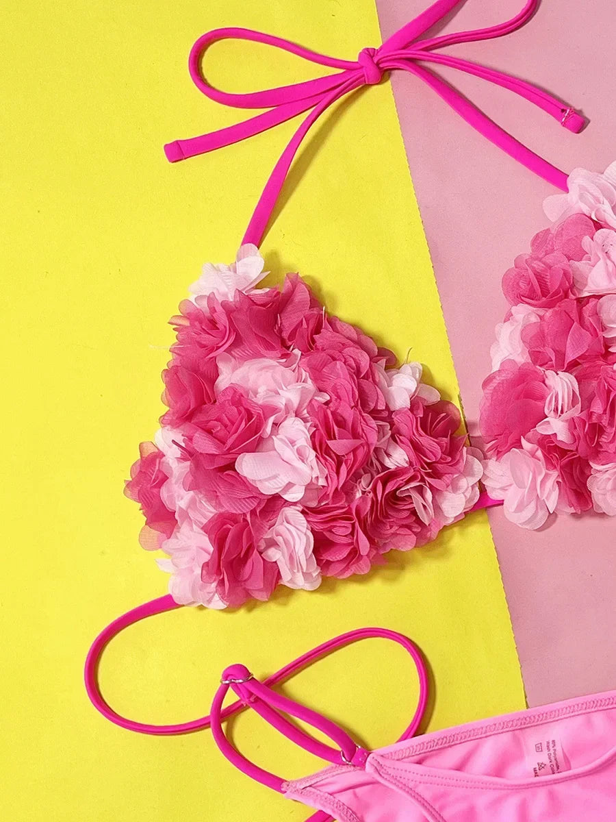 Sexy Halter 3D Flowers Bikini Women Swimwear Female Swimsuit Two-pieces Bikini Set High Cut Bathing Suit Swim Lady Beach Wear