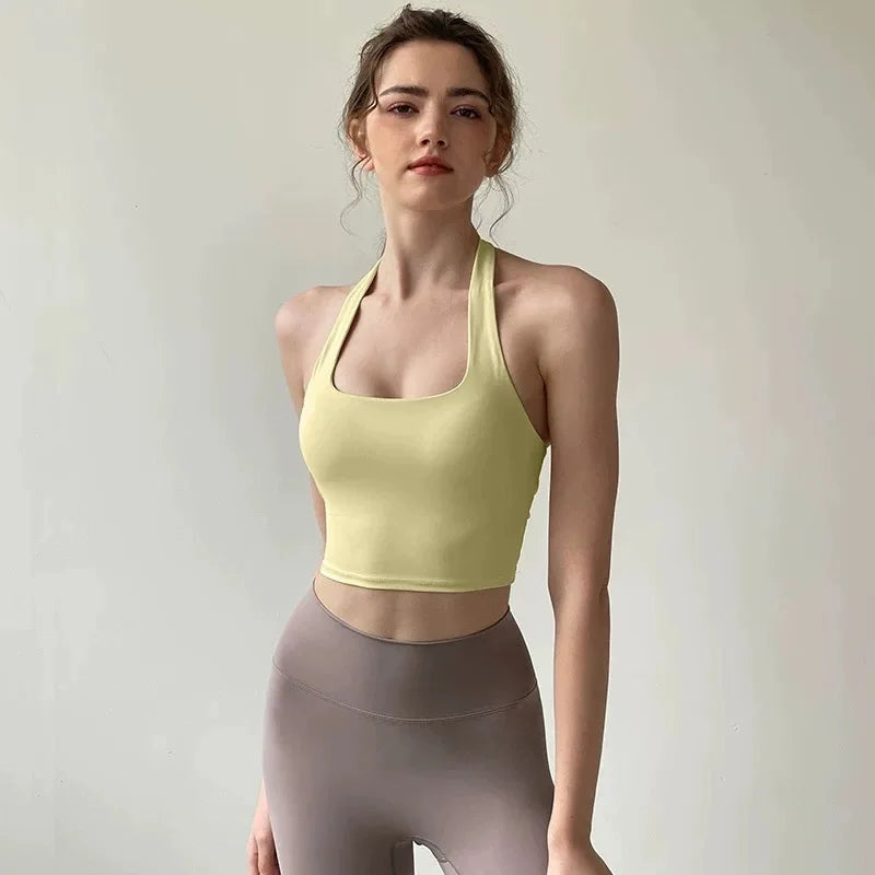 Women's Yoga Sports Bra Sexy Neckband Chest Cushion Beautiful Back Fashionable Pleat Gathering Sports Bra for Fitness