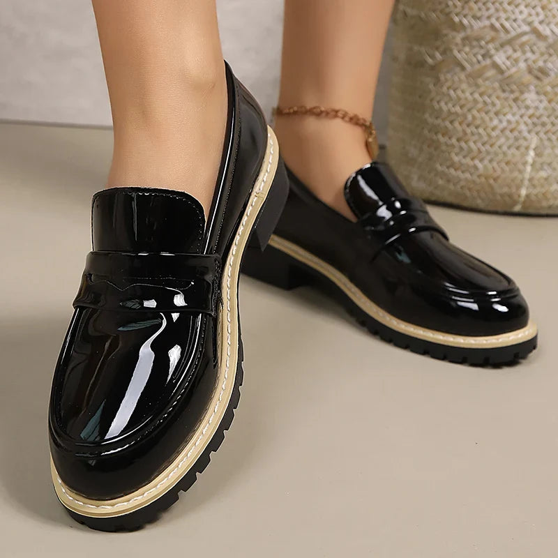 Patent Leather Thick Heels Loafers Women Spring New Mixed Color Med Heel Office Pumps Woman Plus Size 43 Slip On Single Shoes