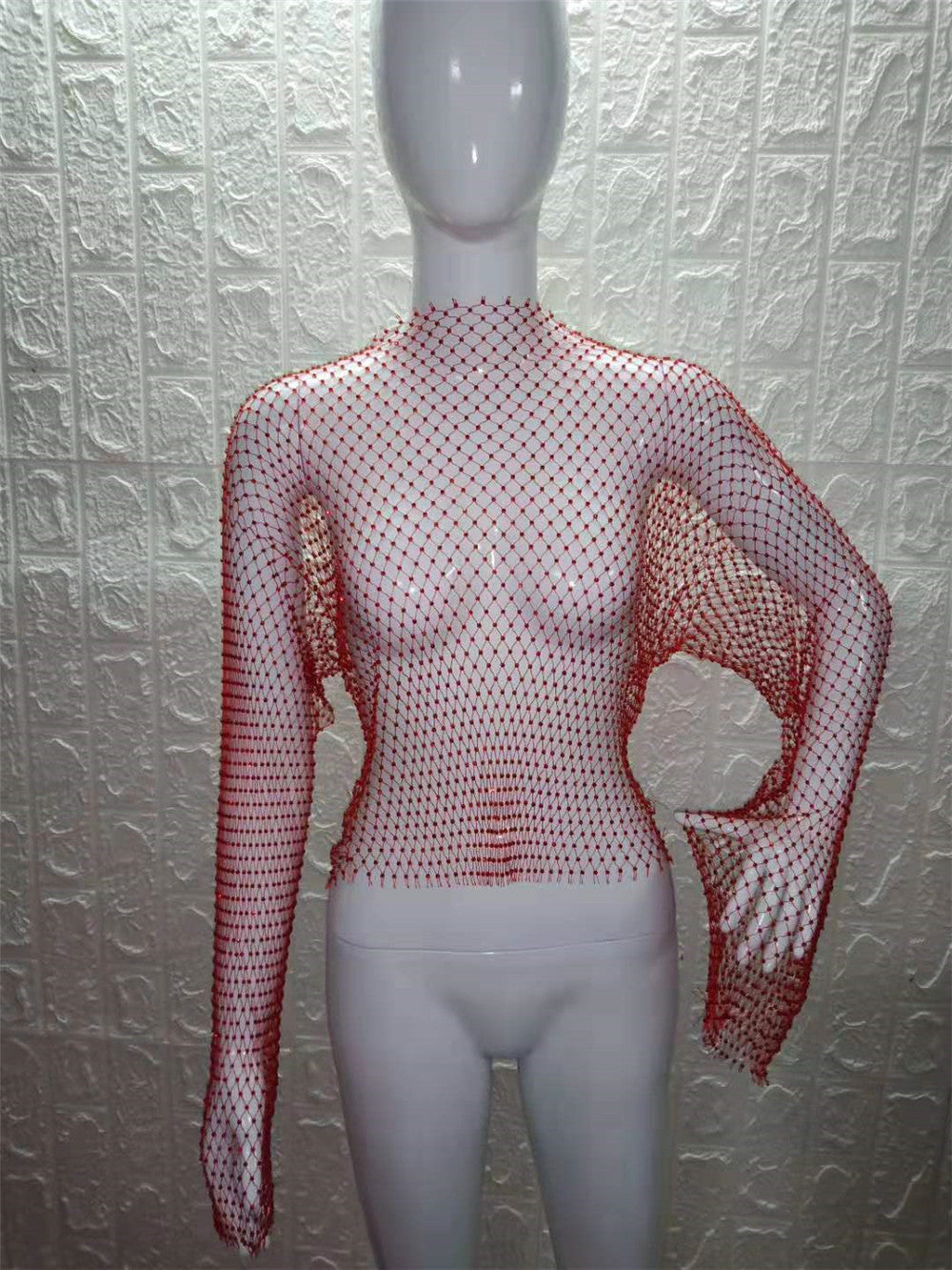 Women Rhinestone Fishnet T-shirt Solid Color Long Sleeve Crop Tops See Through Hollow Out Sexy Shirts Female Smock Tops