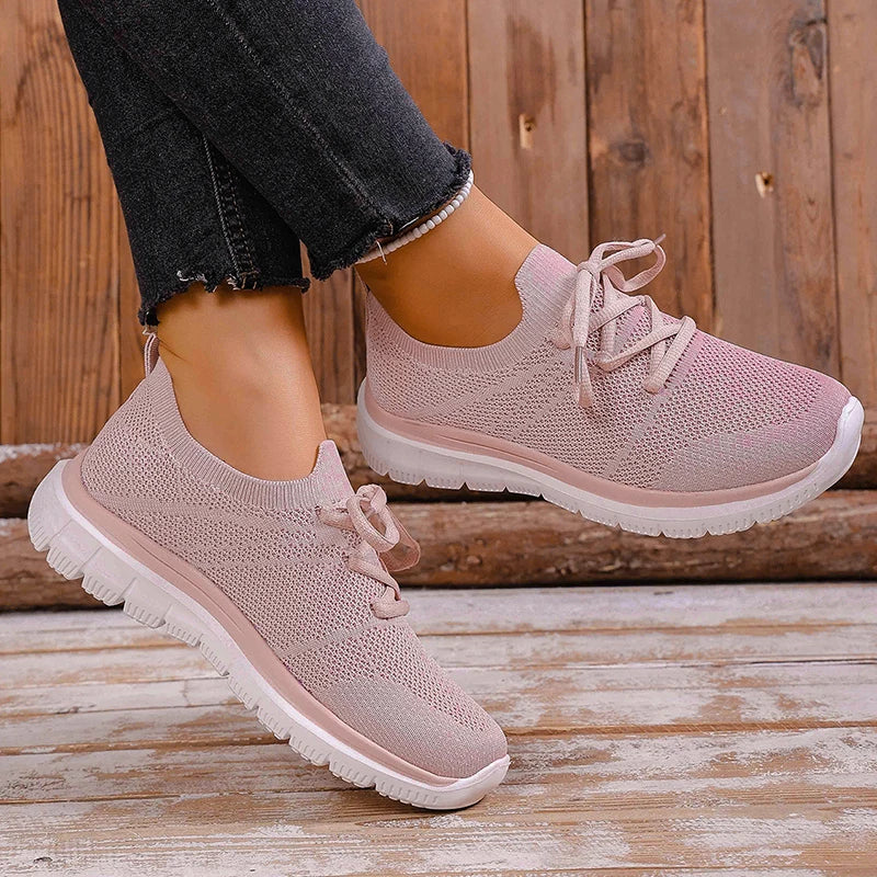 Breathable Mesh Sports Flat Shoes Women Plus Size 43 Slip On Knitted Platform Sneakers Woman Comfortable Soft Sole Running Shoes