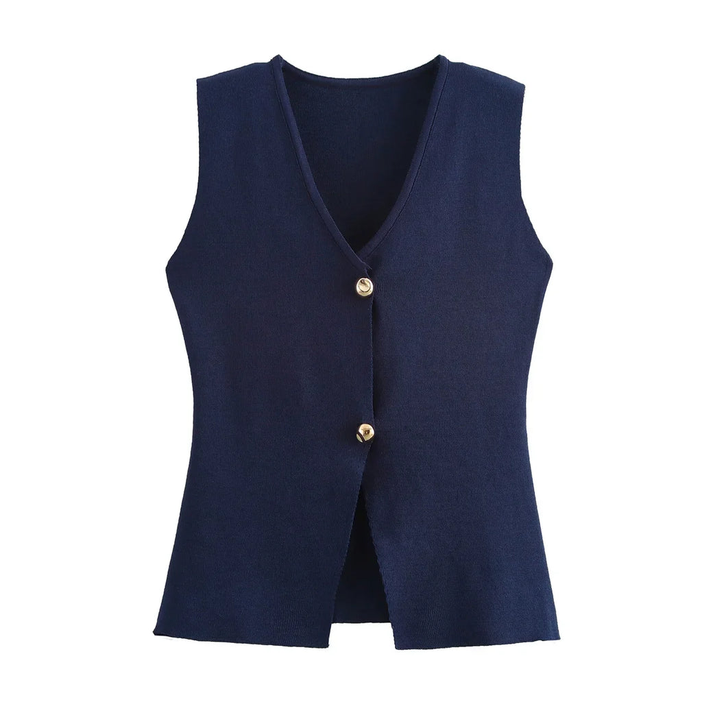 Foridol Gold Button Knitted Tank Top Women Autumn Winter Burgundy Short Vest Sleeveless V Neck Chic New Fashion Tops