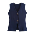 Foridol Gold Button Knitted Tank Top Women Autumn Winter Burgundy Short Vest Sleeveless V Neck Chic New Fashion Tops