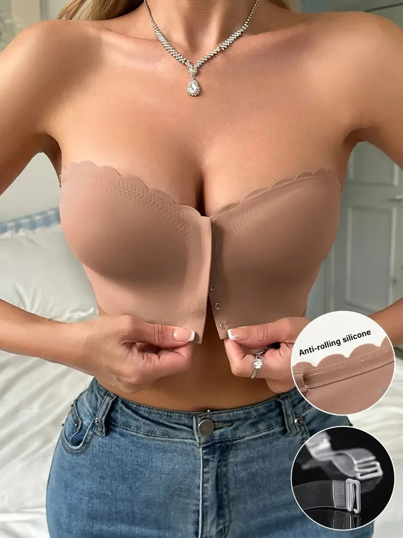 Solid Seamless Strapless Front Closure Wireless Strapless Bra, Sexy Comfy Push Up Bra, Women's Lingerie & Underwear
