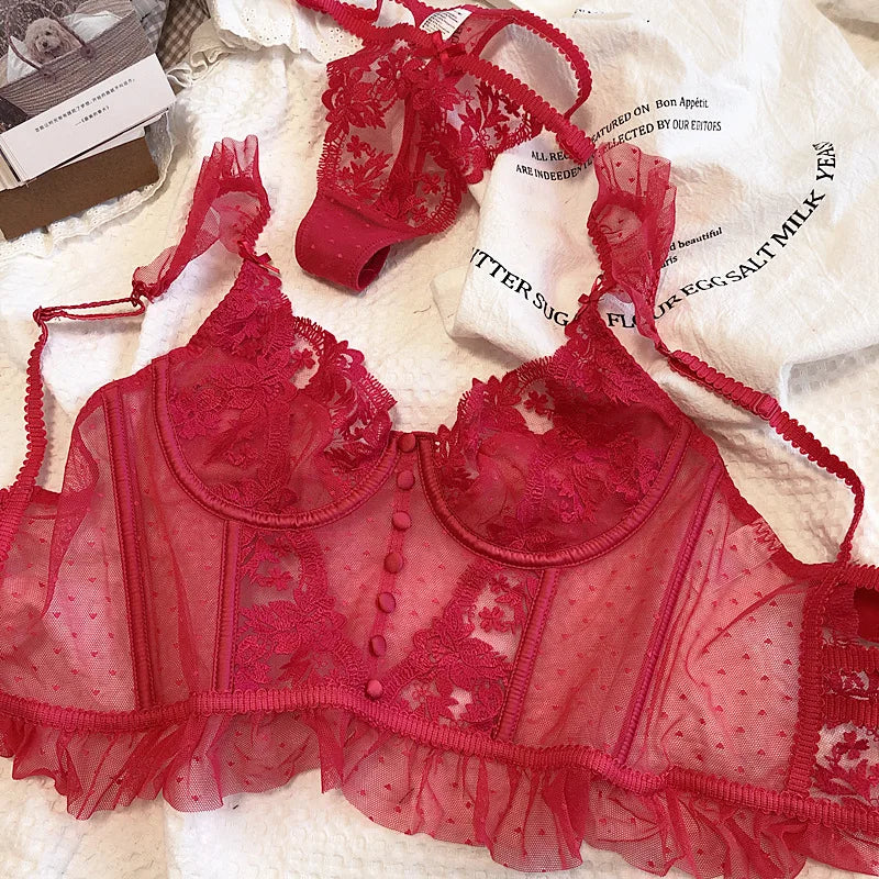 French Sexy Lingerie Set Women Ultra Thin See Through Embroidery Lace Bra & Thong Push Up Underwear Shaping Camisole Set MOYISU