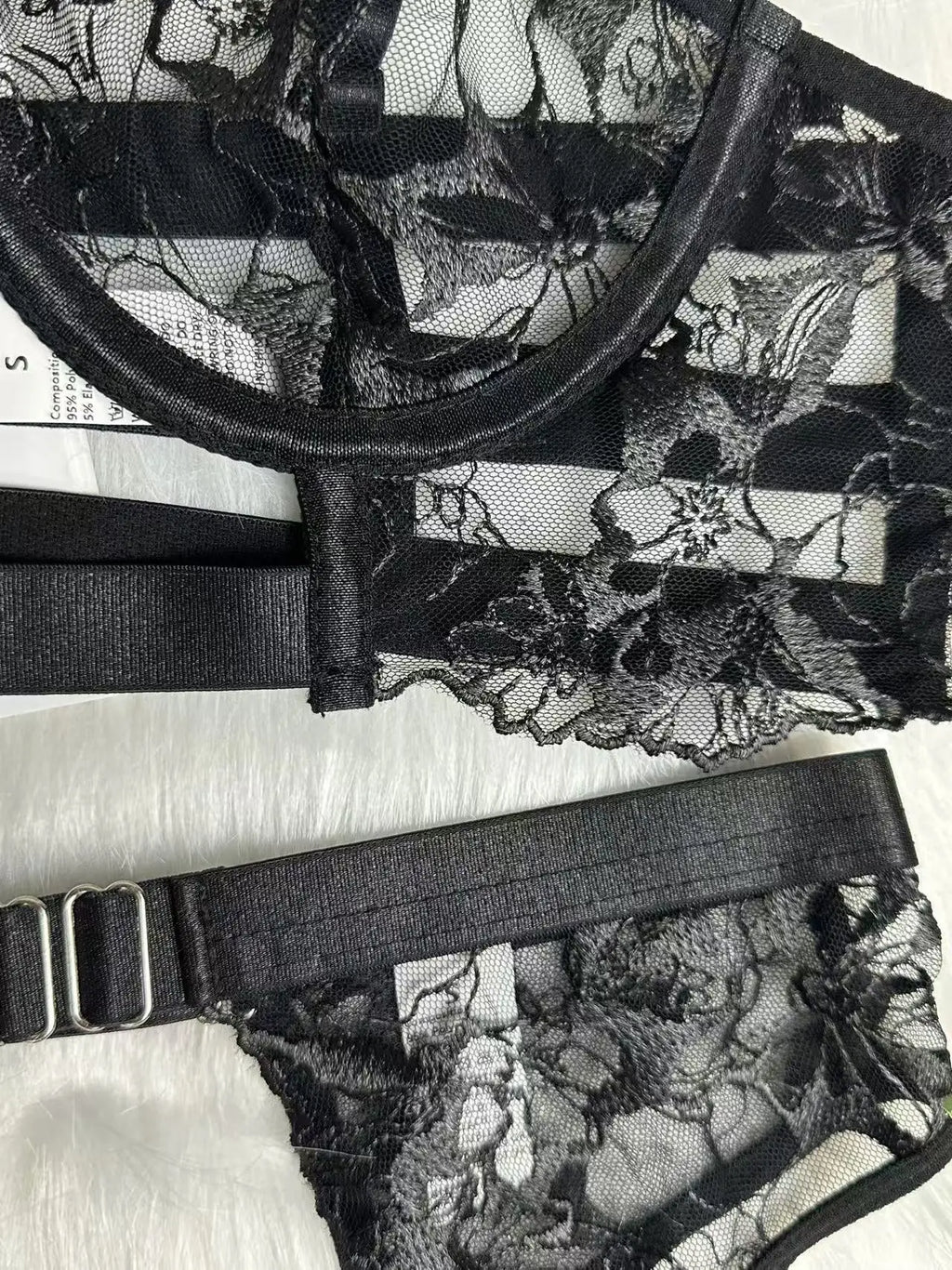 French sexy halterneck embroidered mesh see-through patchwork sexy underwear panties garter set